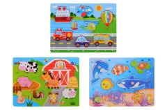 Wooden knobpuzzle ± 30x22 cm. 3 assorted