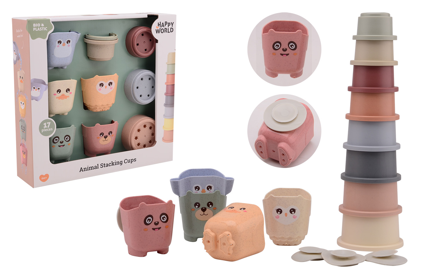 Happy World bio plastic stapel emmers en bekers in doos