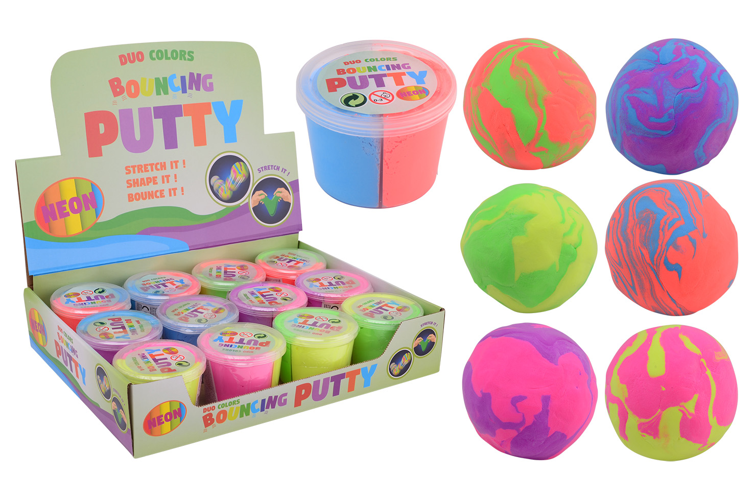 Bouncing duo putty neon colors in display