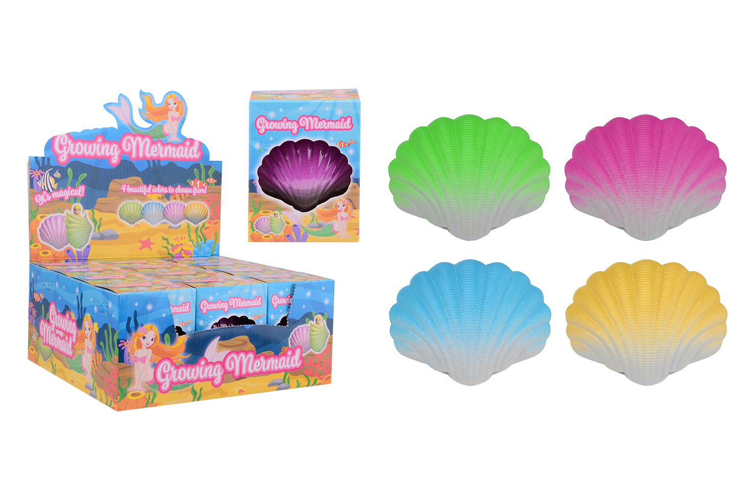 Growing mermaid in shell in box, 4 assorted