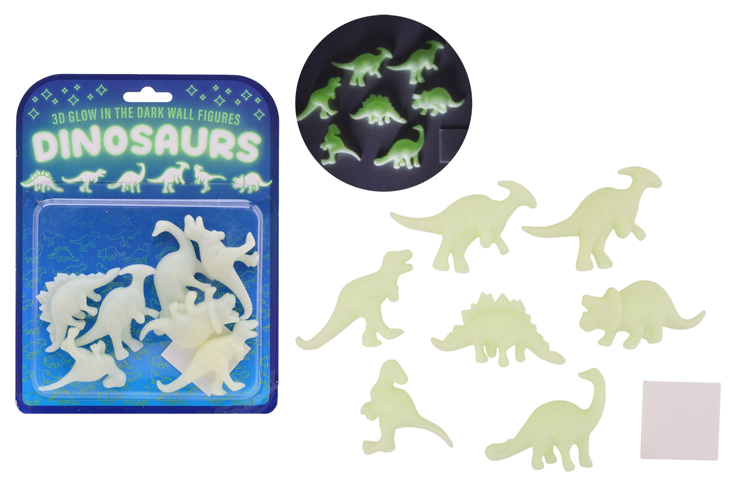 Glow in the dark 3D wall dino's, 7 pcs on card