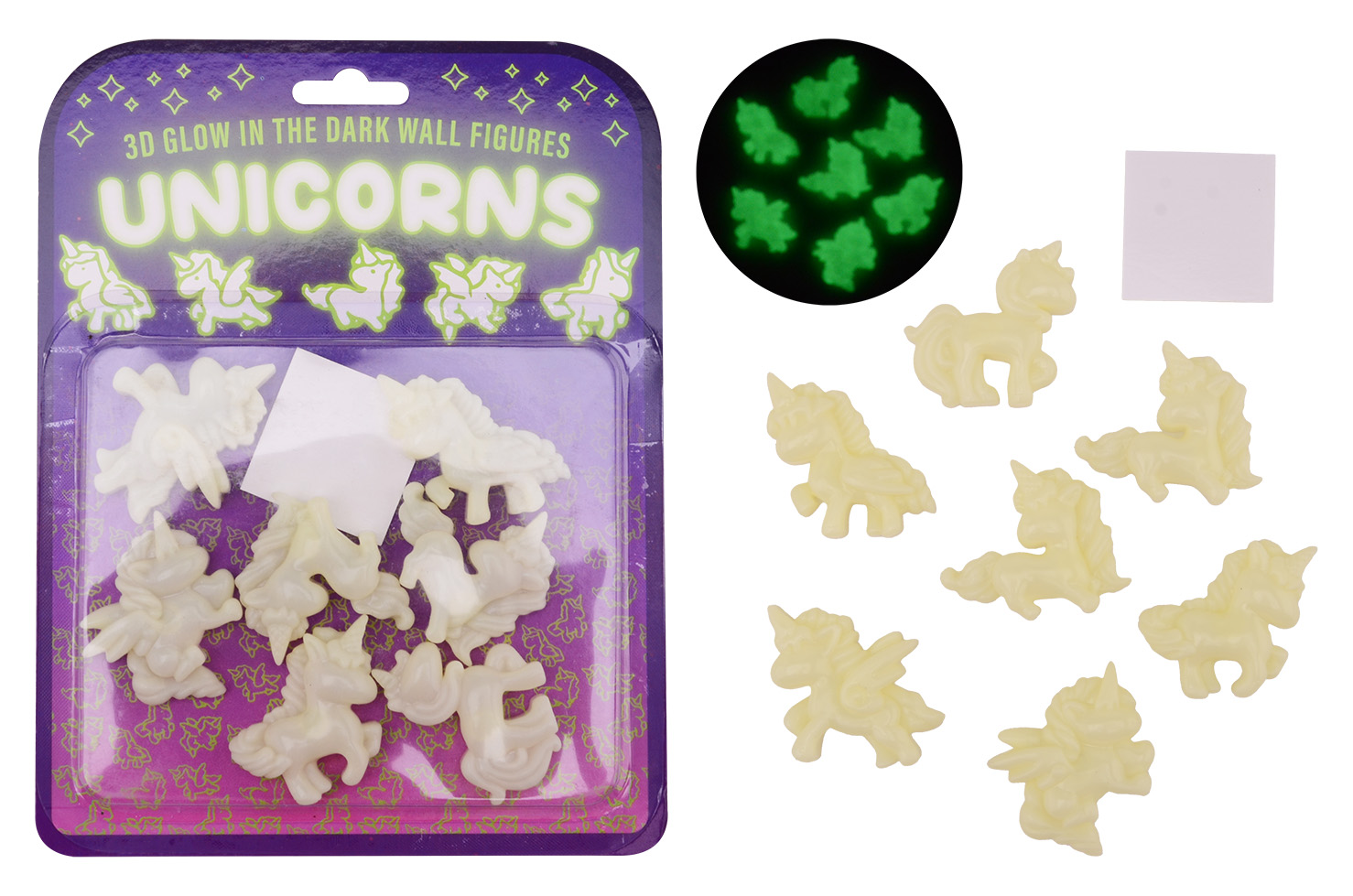 Glow in the dark 3D wall unicorns, 7 pcs on card