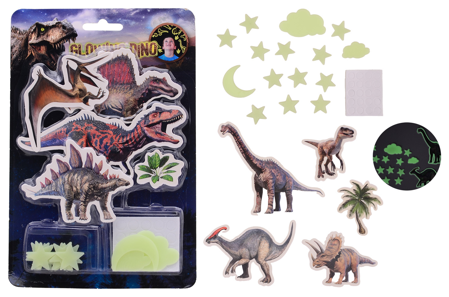 Glow in the dark dino wall stickers, 2 assorted