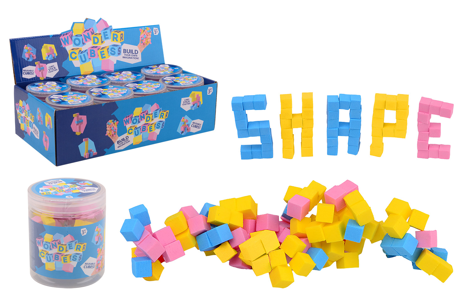 Sticky reusable wonder cubes in container