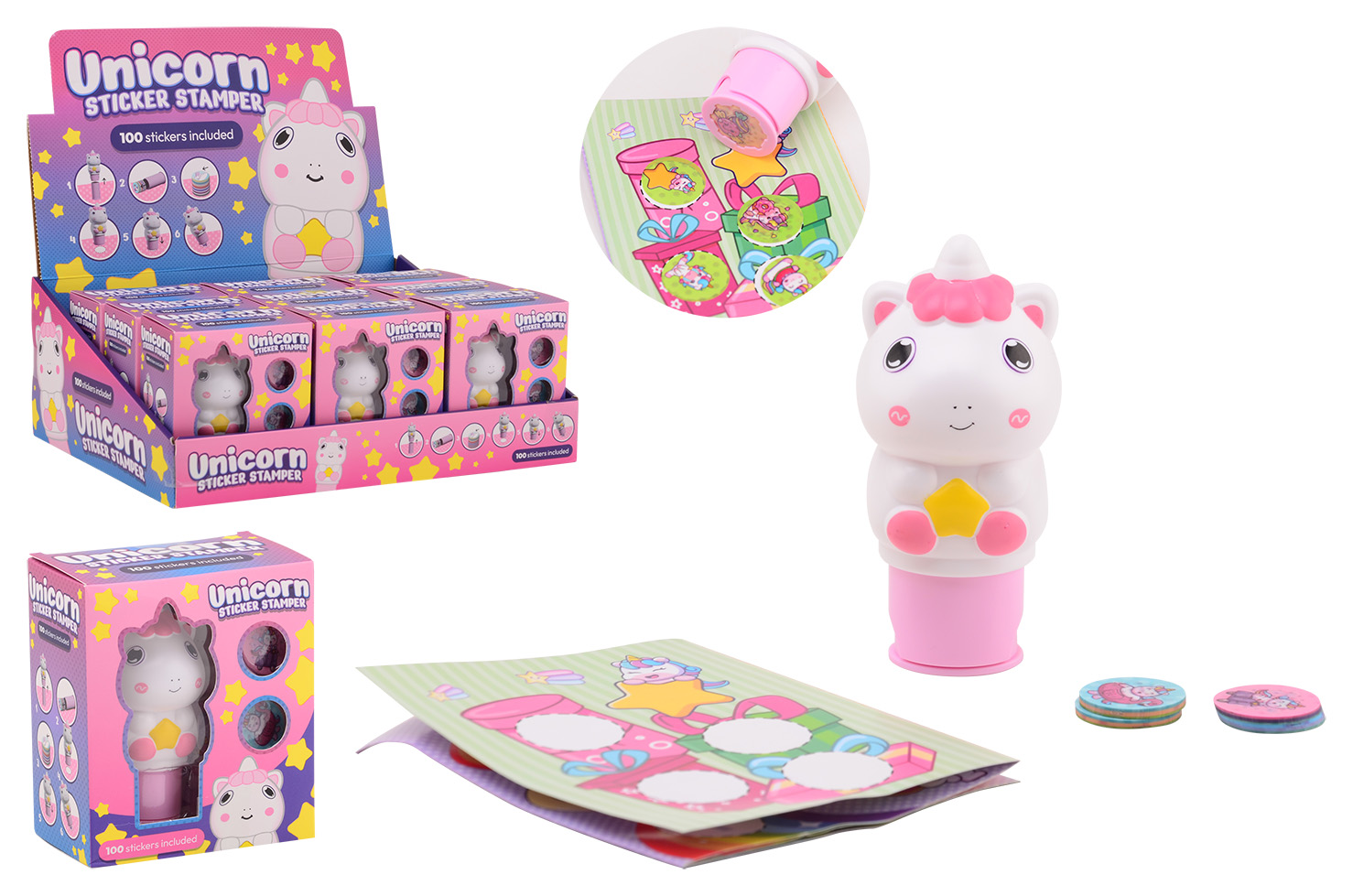 Unicorn sticker stamper, 100 stickers, in display