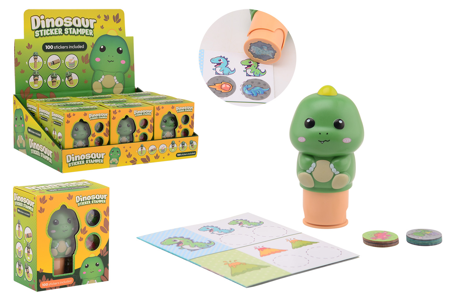 Dinosaur sticker stamper, 100 stickers, in display