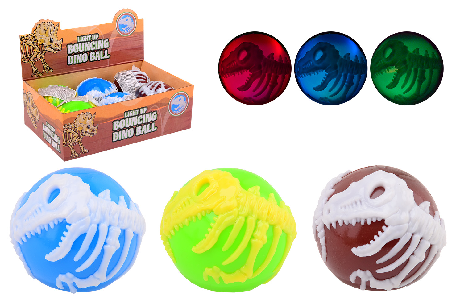 TPR dino ball with light, 3 assorted