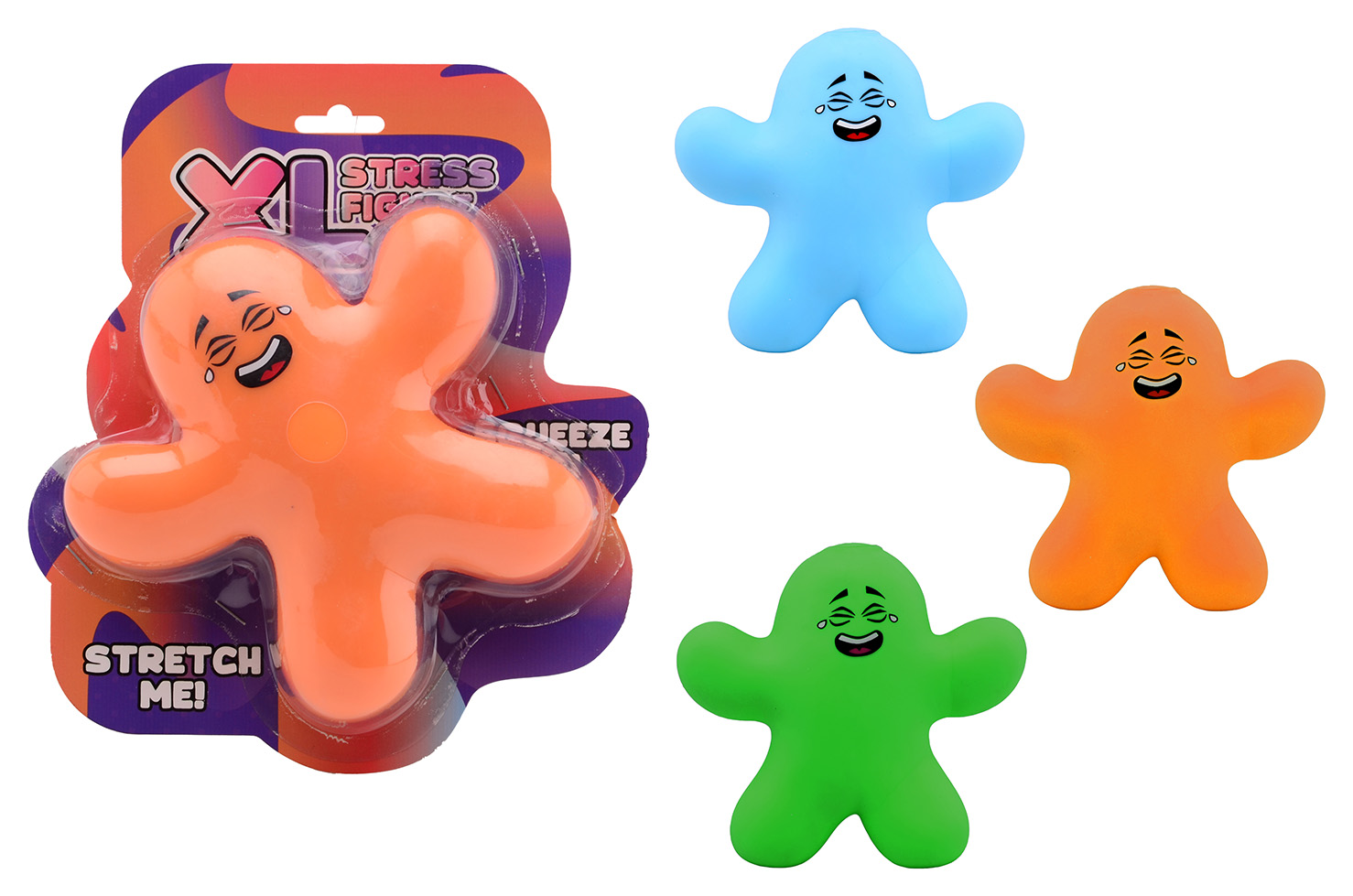 Squishy stress figure XL on card, 3 assorted