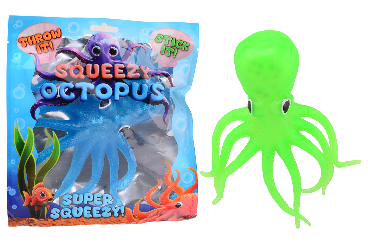 Sticky octopus in foil bag, 3 assorted