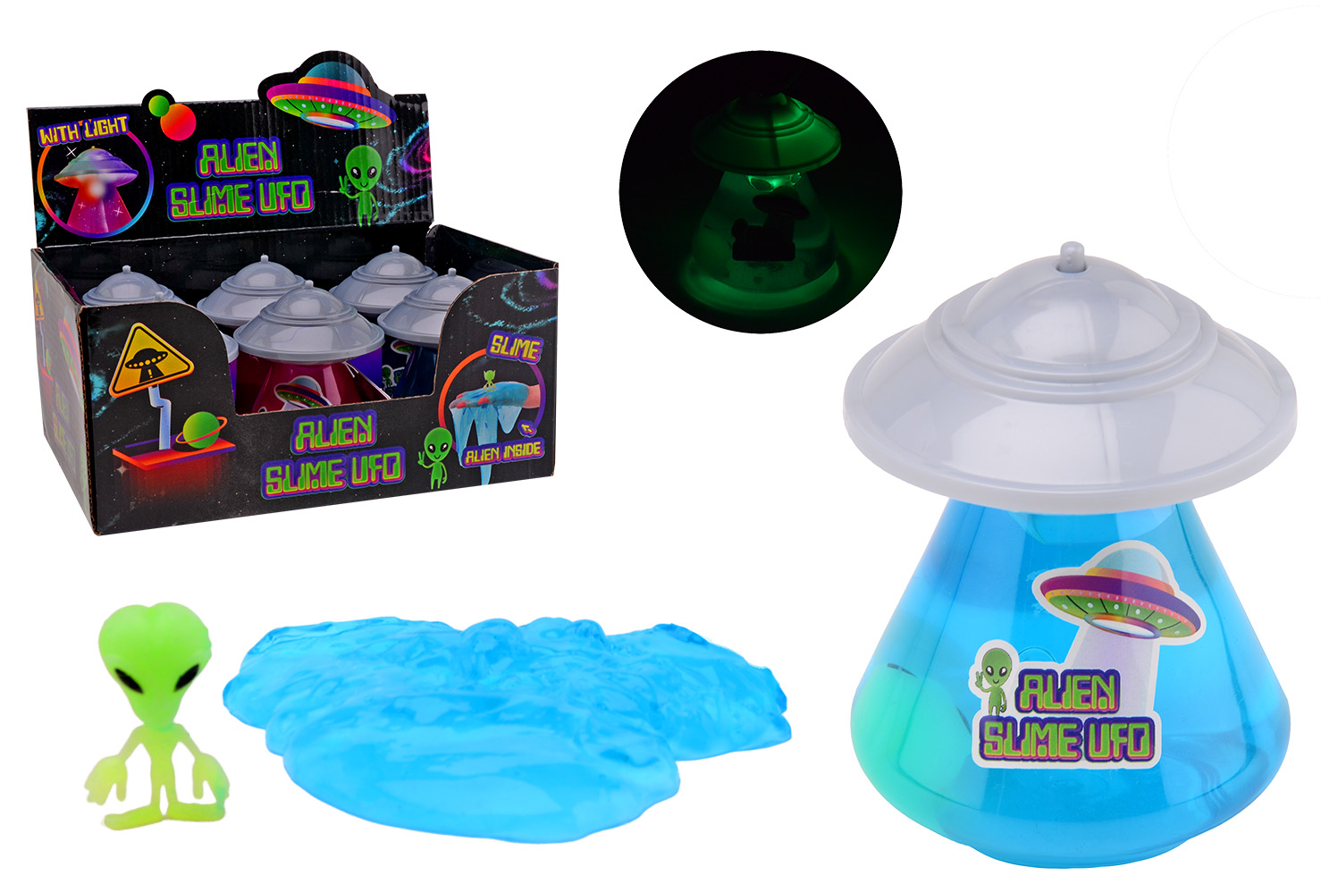Ufo slijm met licht en glow in the dark alien, 3 assorti