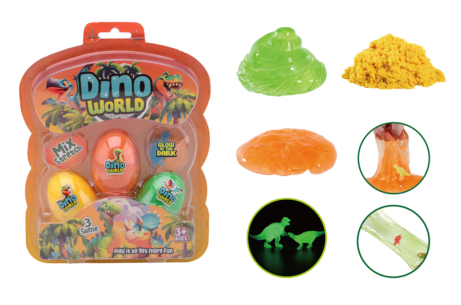 Dino Word - 3 slime eggs with glow in the dark dinosaur on c