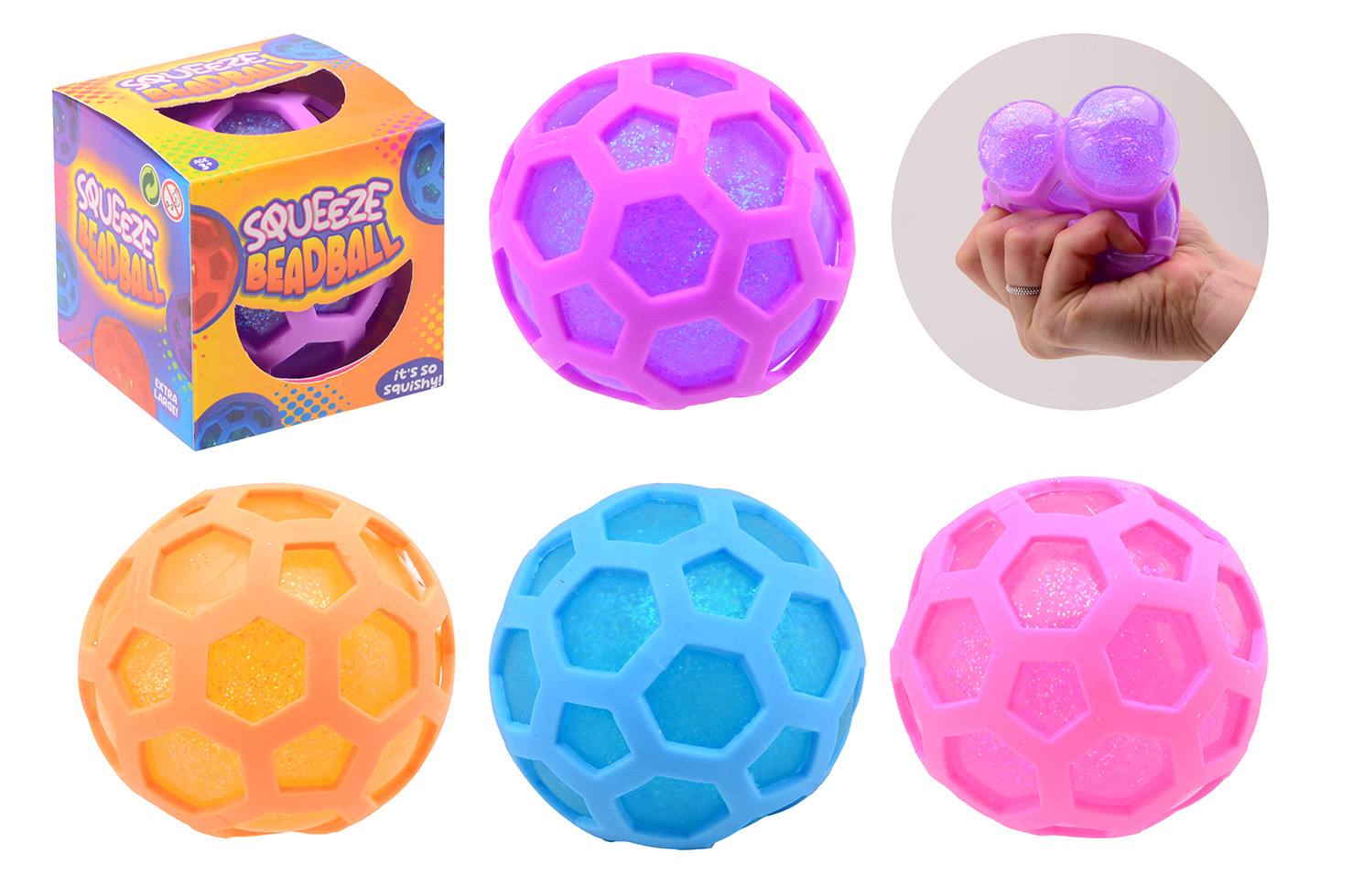 Glitter squeeze zeshoek bal in doos, 4 assorti