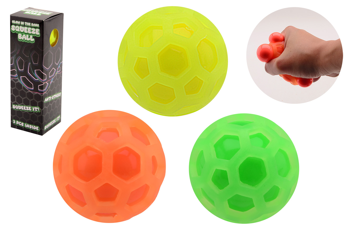 Hexagonal glow in the dark squeeze balls in box, 3 pieces