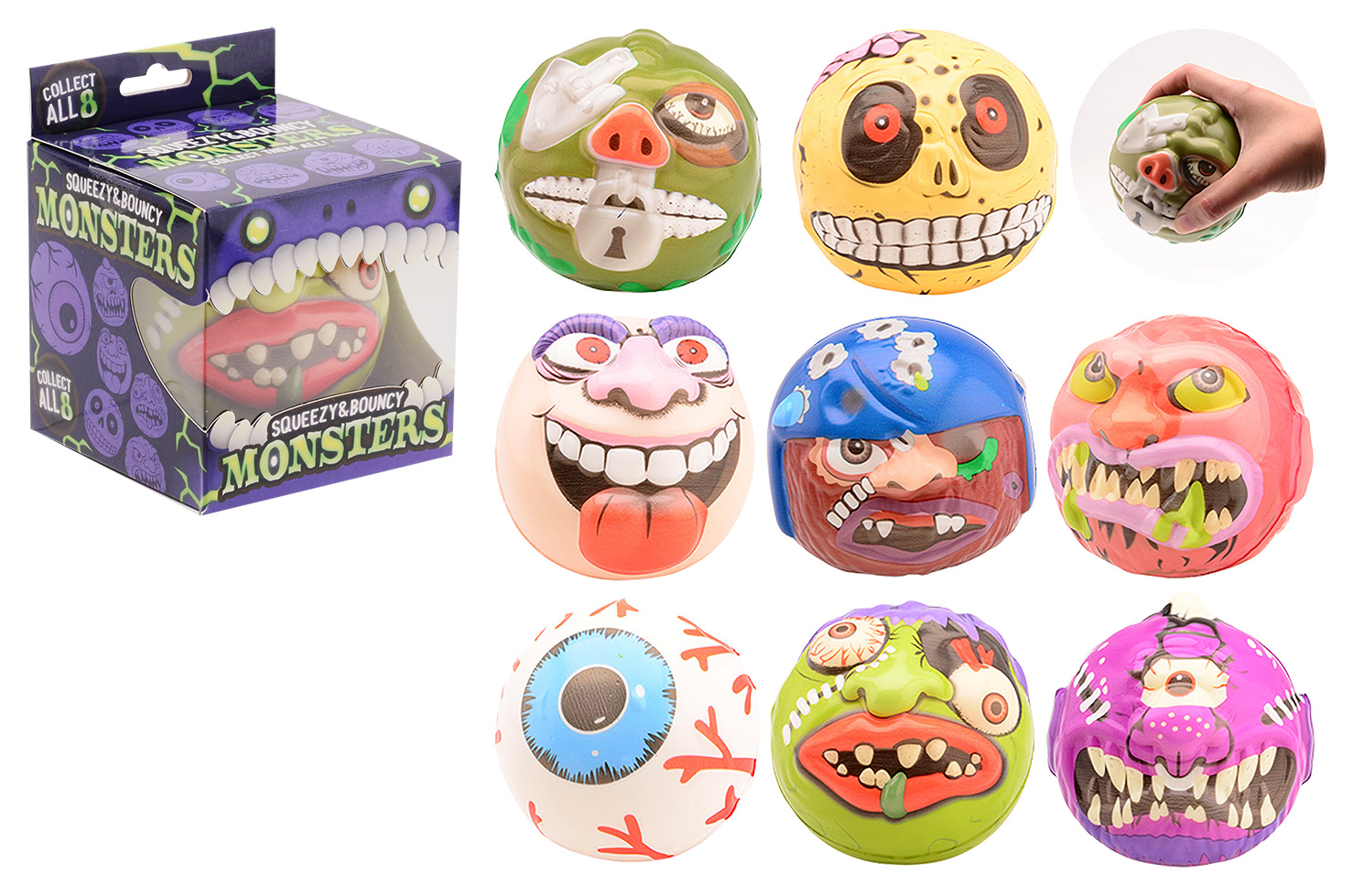 Squeeze monster ball in box, 8 assorted