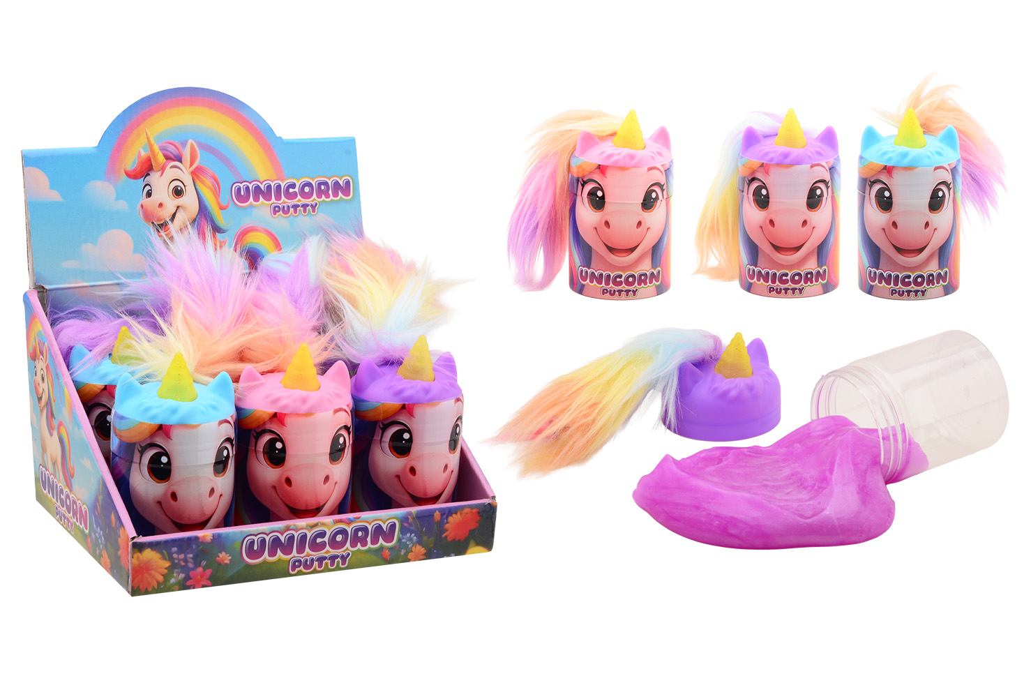 Crazy fluffy hair - Unicorn putty in display, 3 assorted