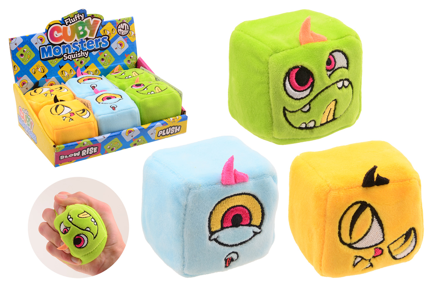 Slow rise plush monster cubes, 3 assorted