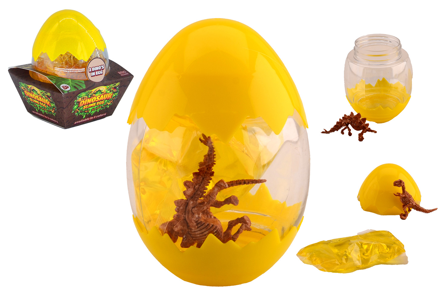 Dino slime egg with 2 dinos in box, 4 assorted