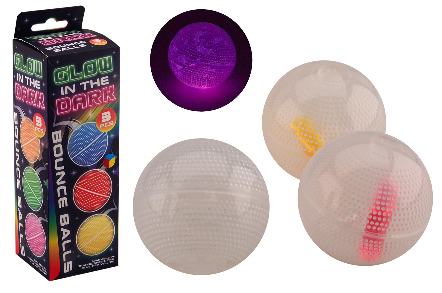 Glow-in-the-dark bouncy balls, 3 pieces in a box