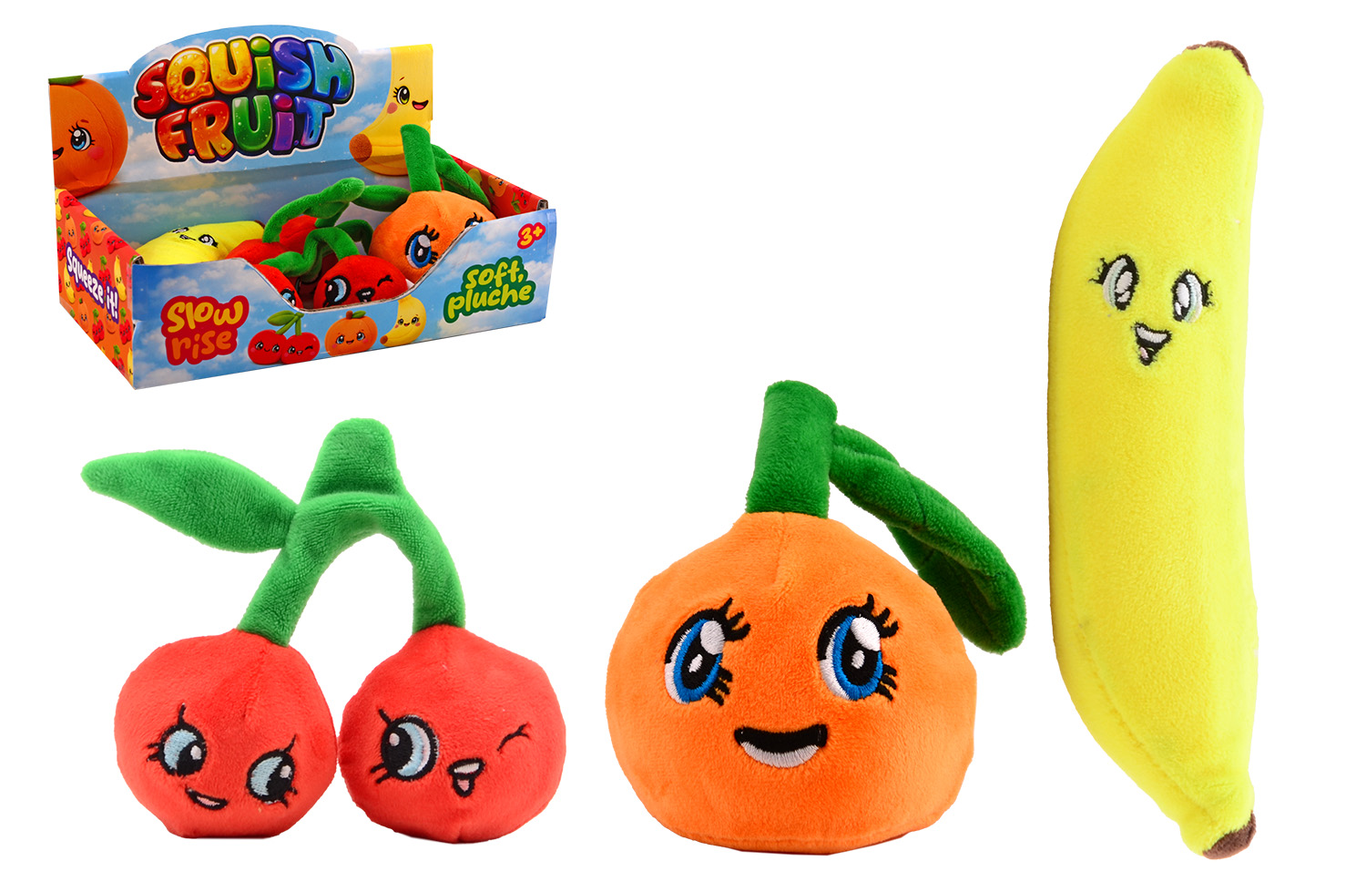 Slow rise pluche fruit in display, 3 assorti