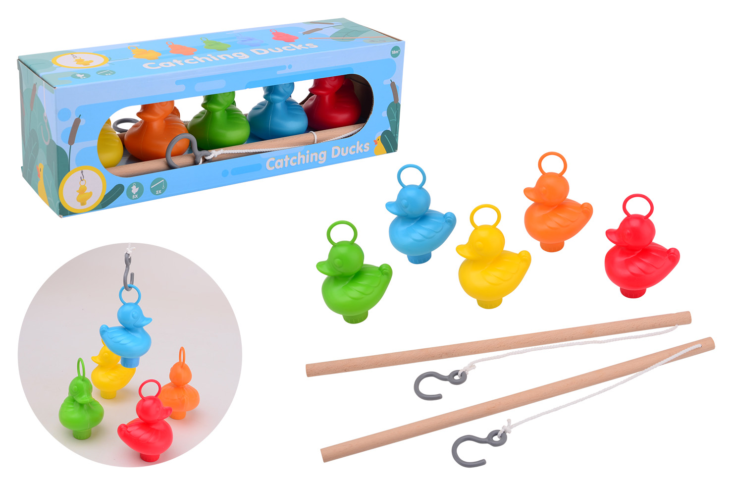 Fishing ducks in box, 5 ducks and 2 sticks