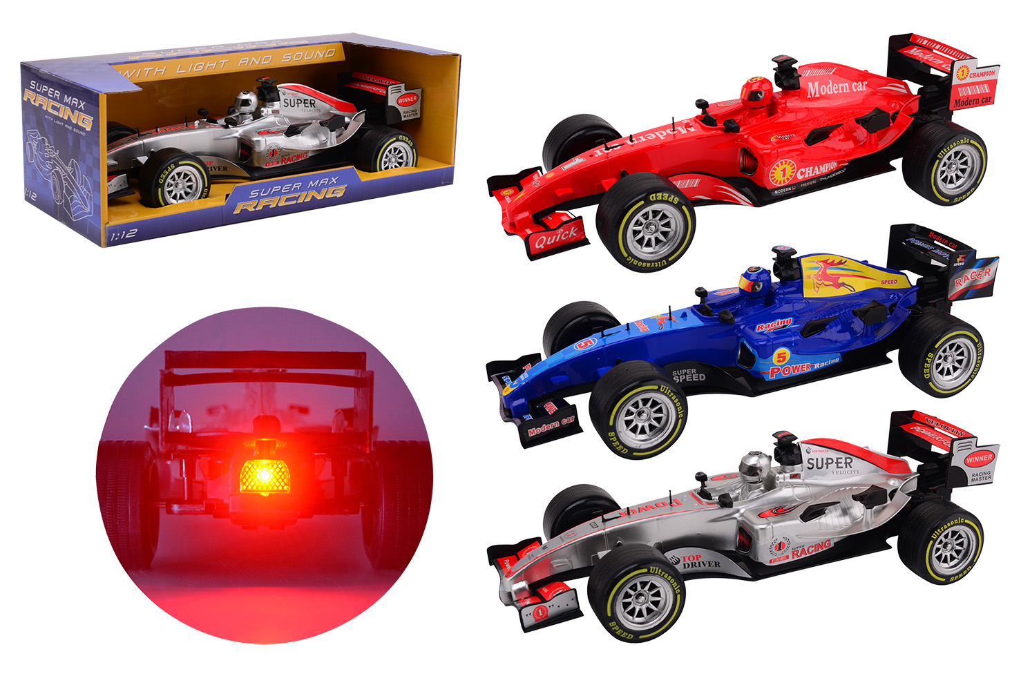Racing car 1:12 with light and sound, 3 assorted