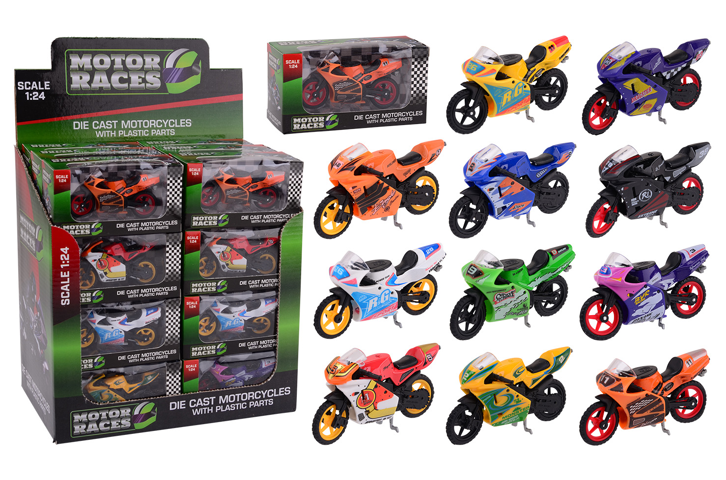 Super Bike motorcycle set 1:24 in display, 6 assorted