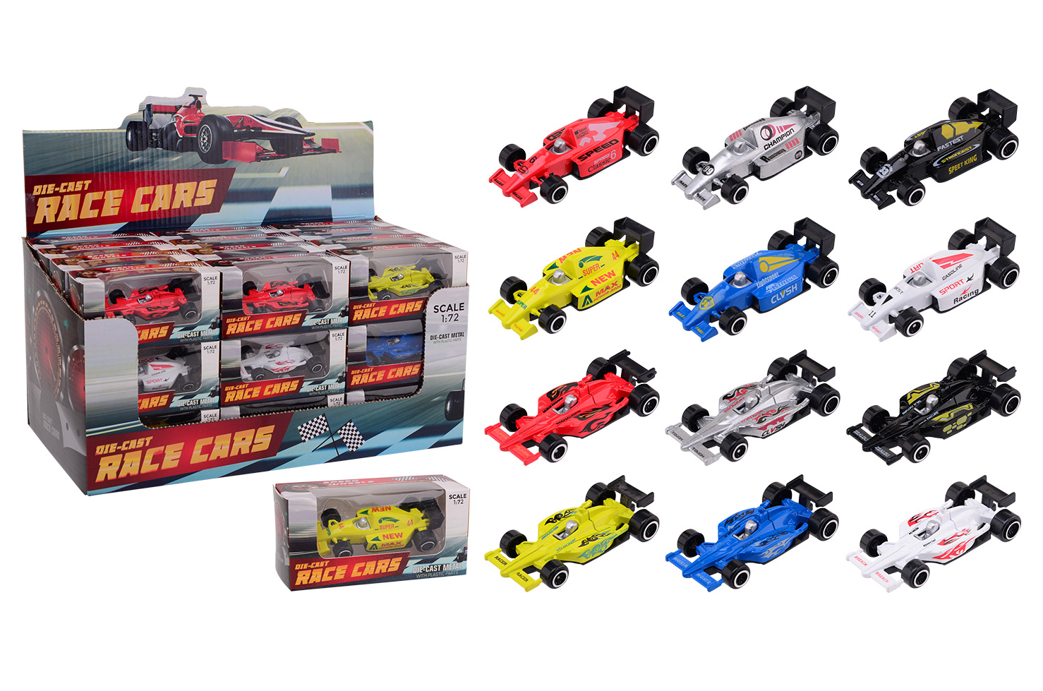 Raceauto 1:72 in display, 6 assorti