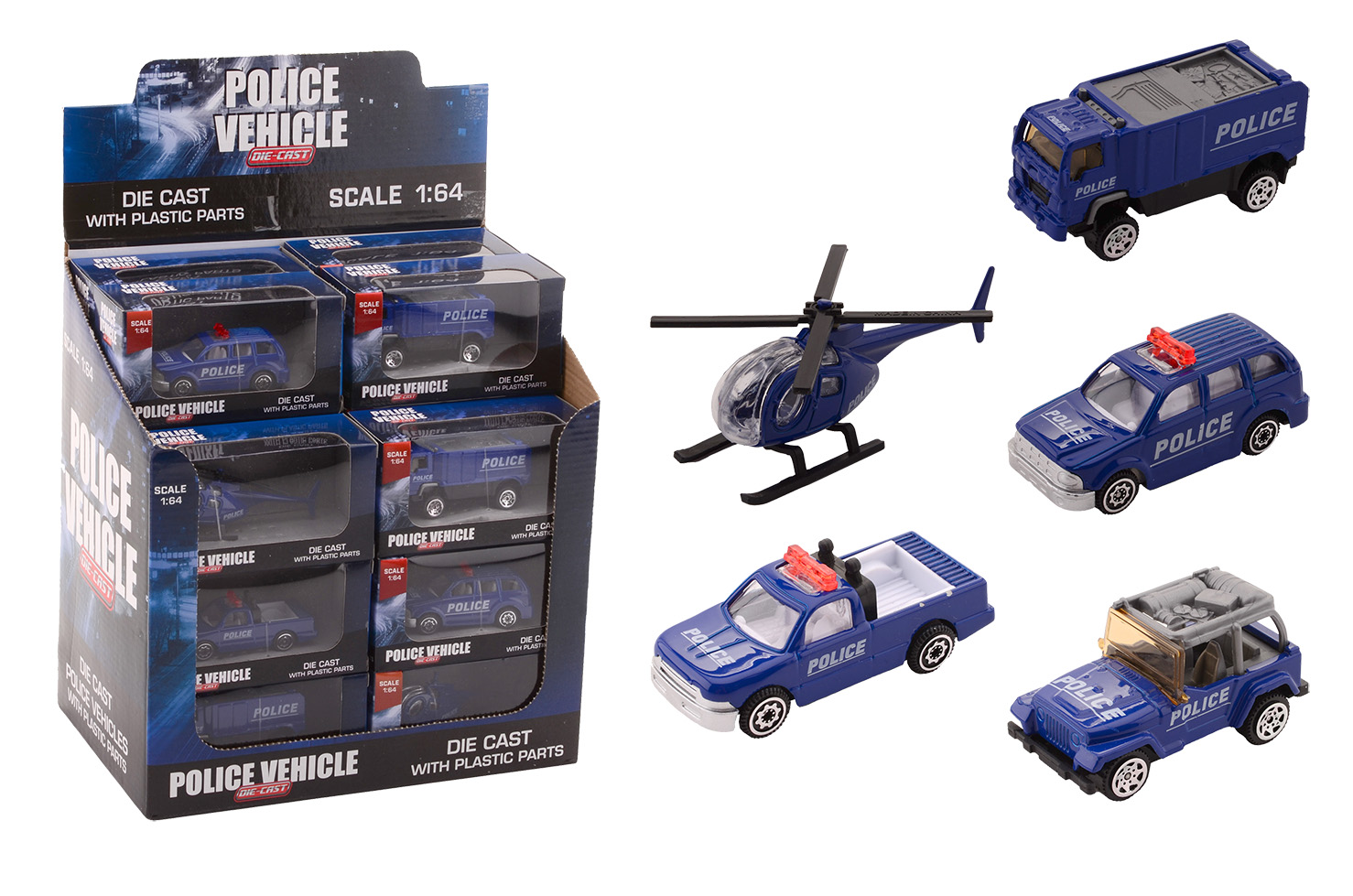 Polizeiwagen 1:64 in display 5-fach sortiert
