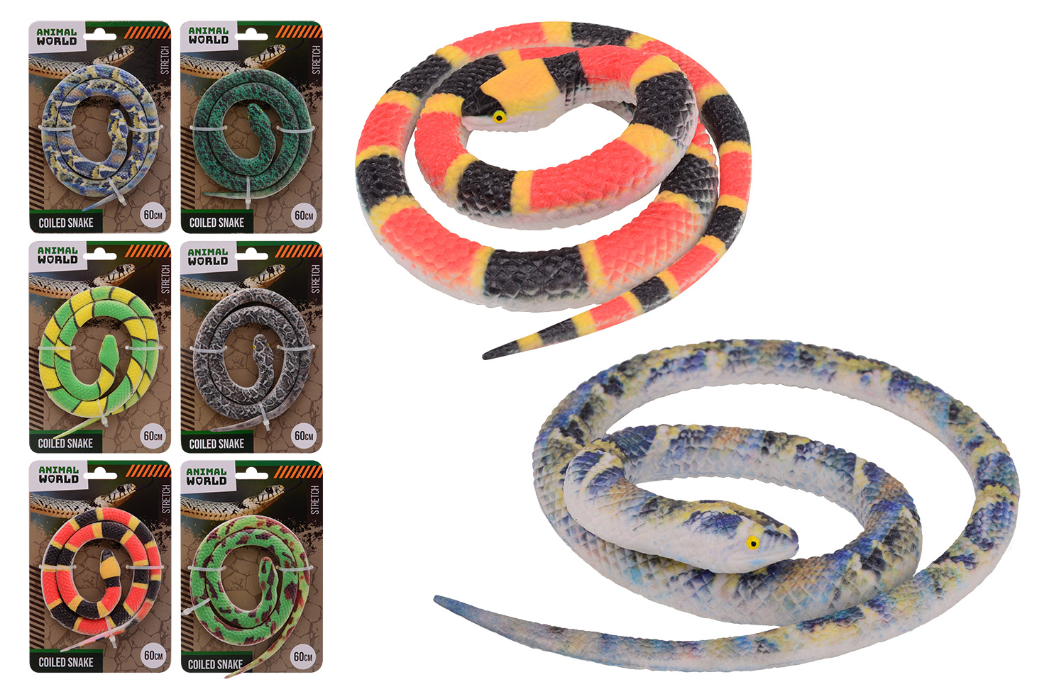 Coiled stretch snake on card, 60 cm, 6 assorted