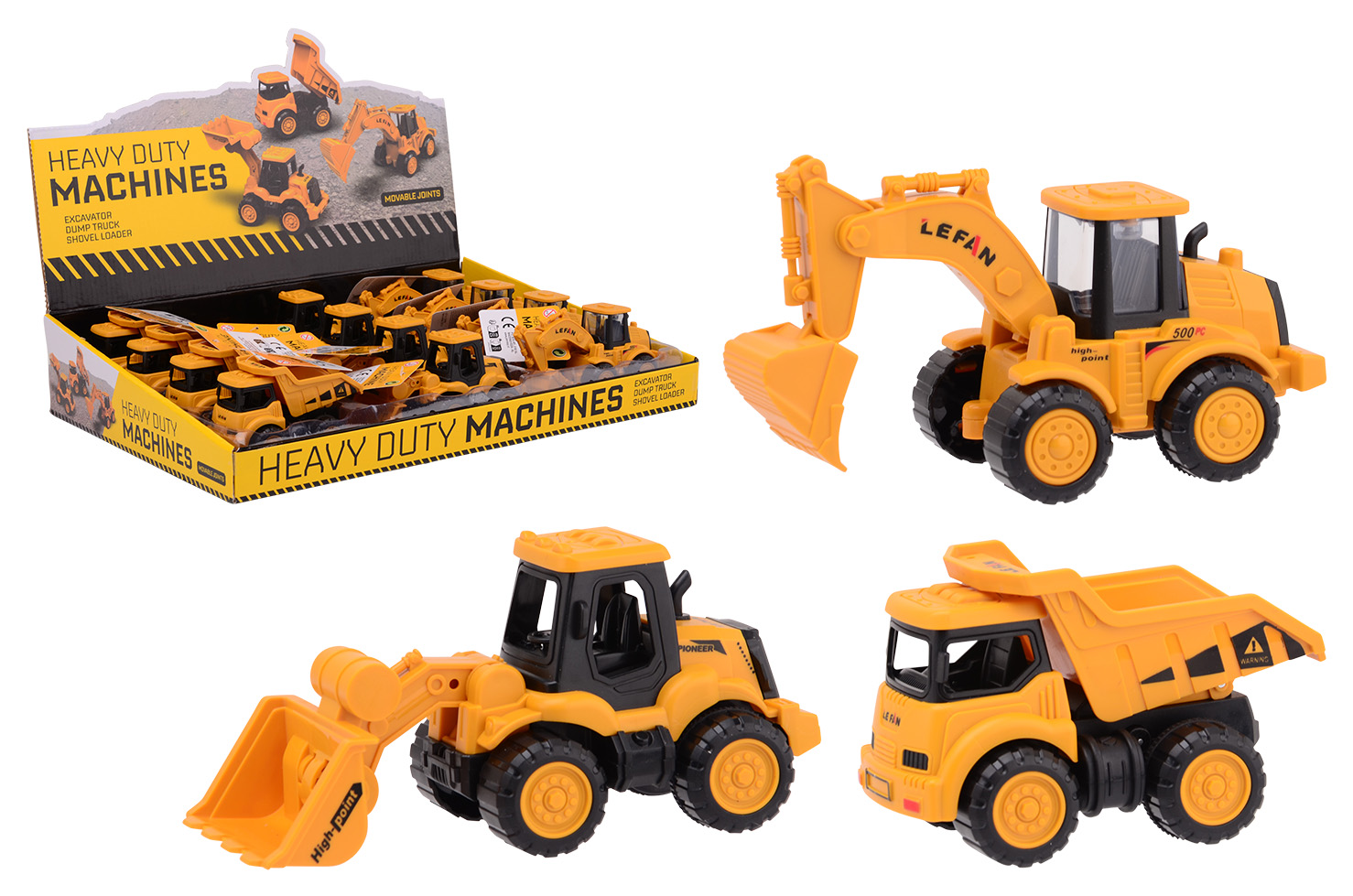 Construction vehicles in display, 3 assorted
