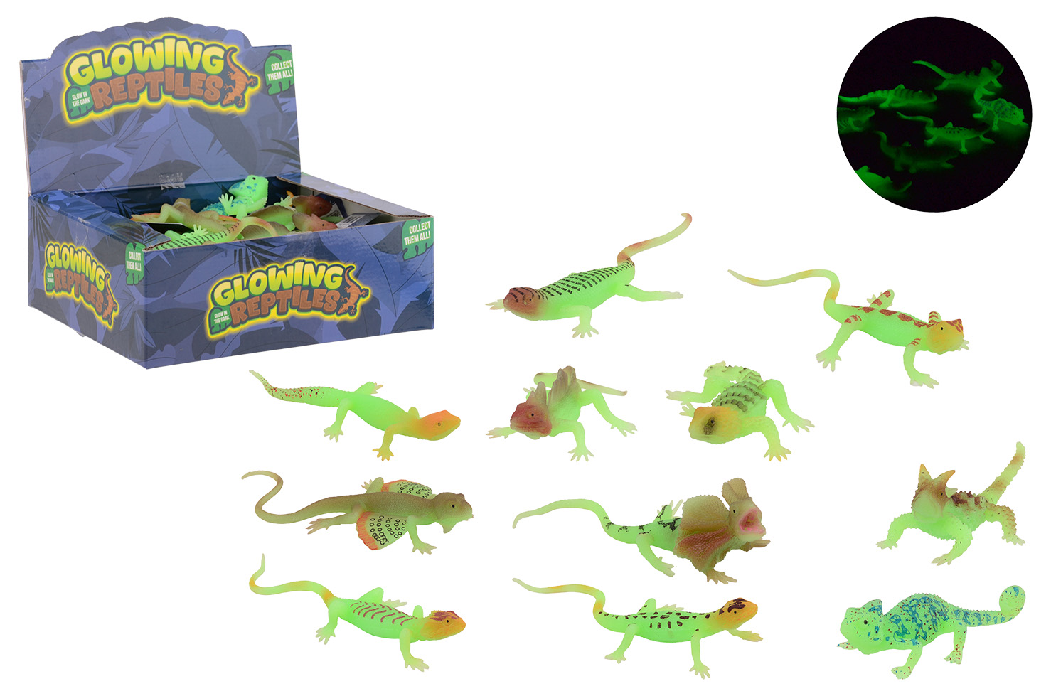 Glow in the dark reptielen in display