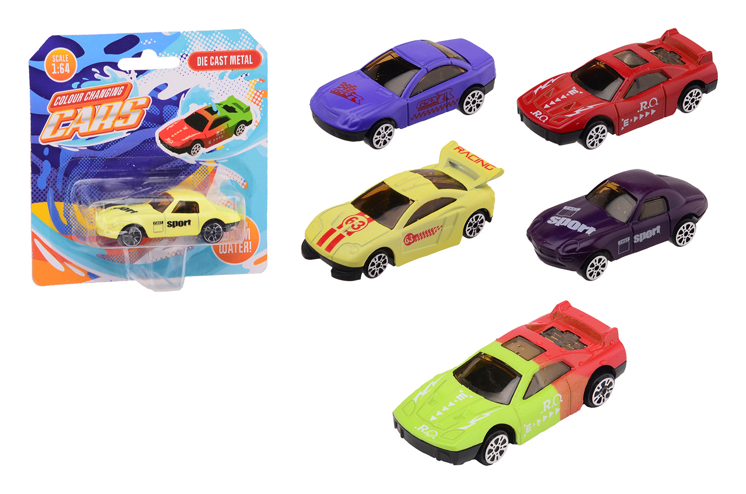 Color changing die cast car 1:64 on card, 4 assorted
