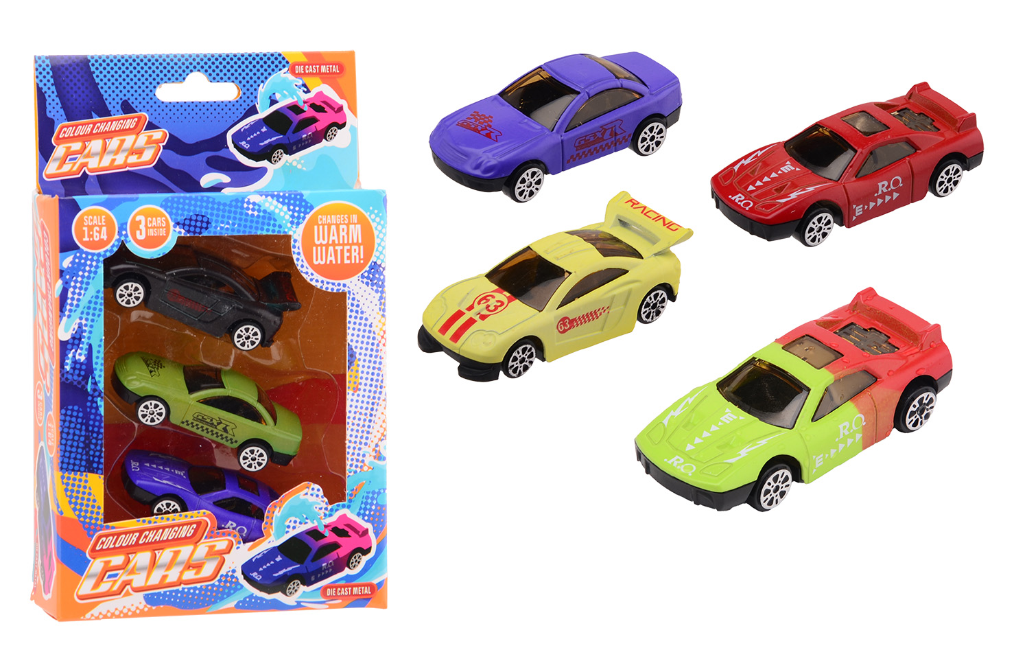 Kleur veranderende die cast auto 1:64, 3 stuks in doos
