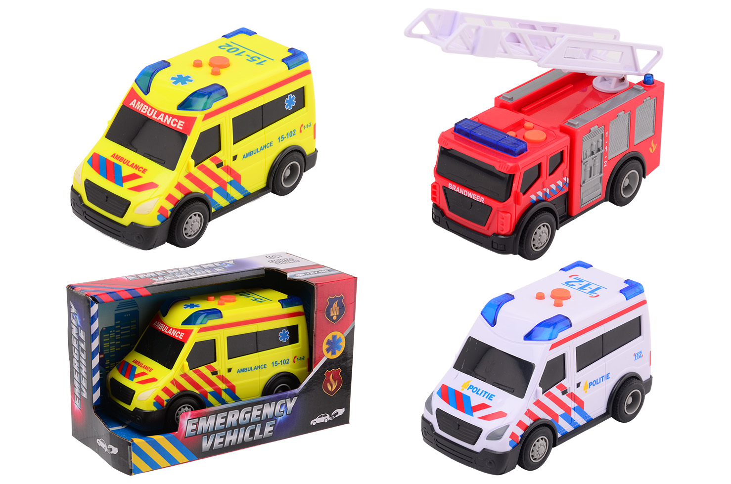 Emergency vehicles with light and sound, 3 assortment