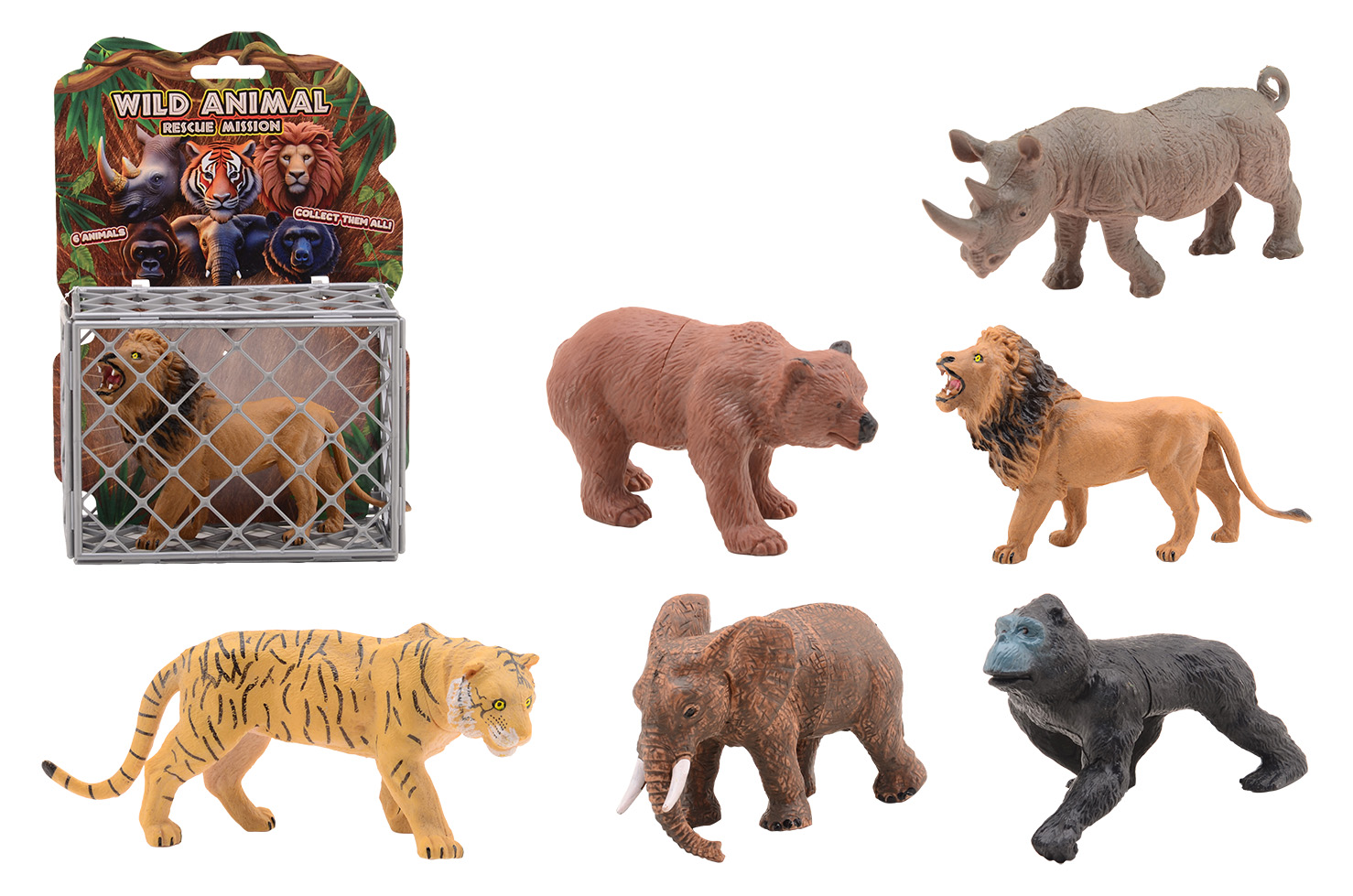 Wild animals in cage on card, 6 assorted