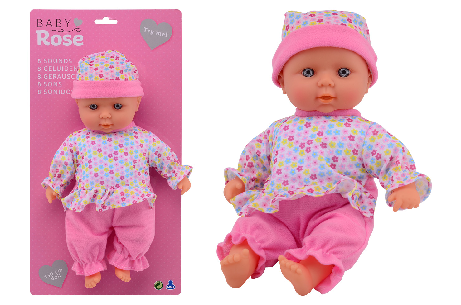 Baby Rose Baby doll with 8 different sounds ± 30 cm.