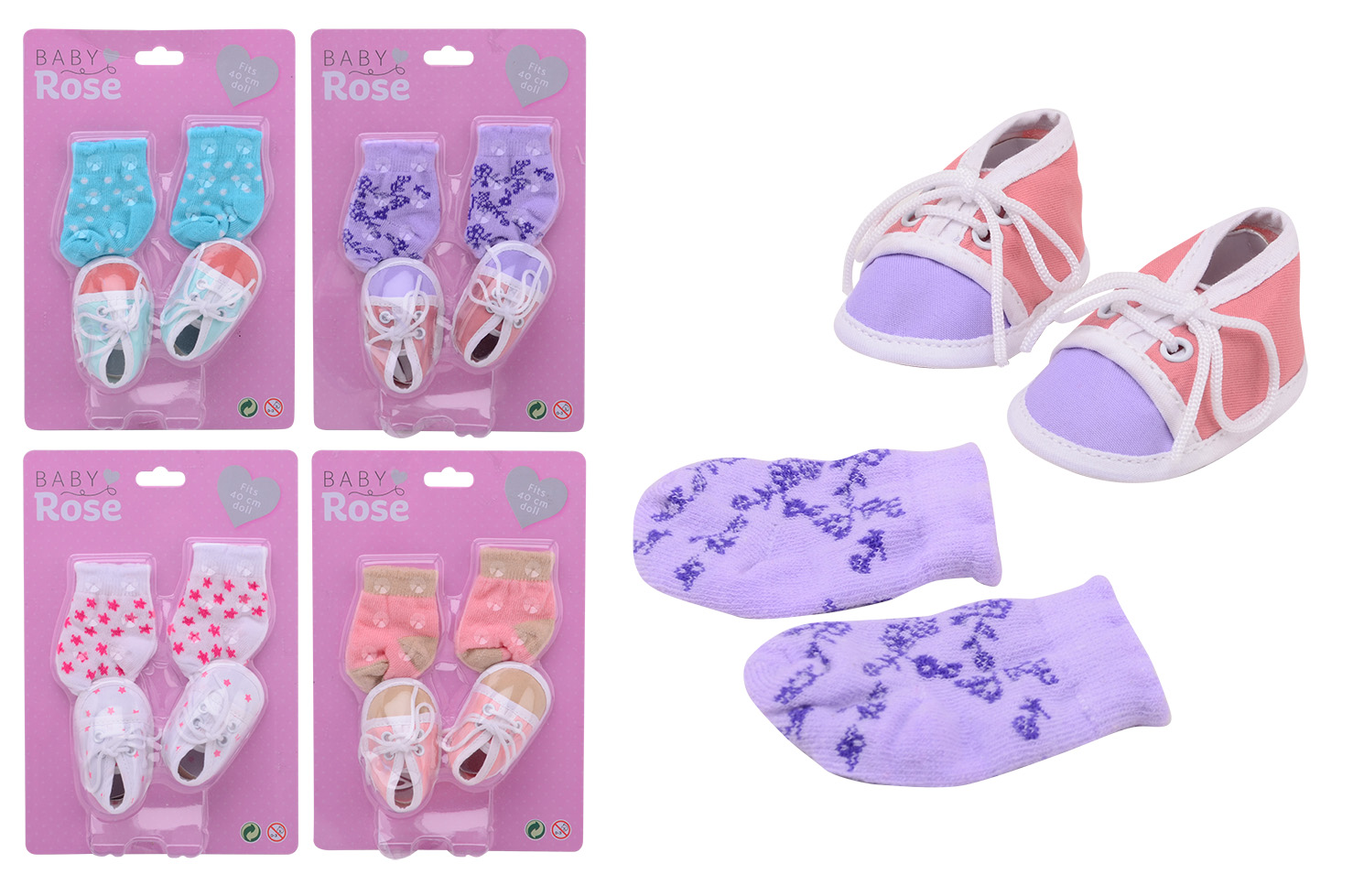 Baby Rose Puppen Socken & Schuhe auf karte, 4-fach sortiert