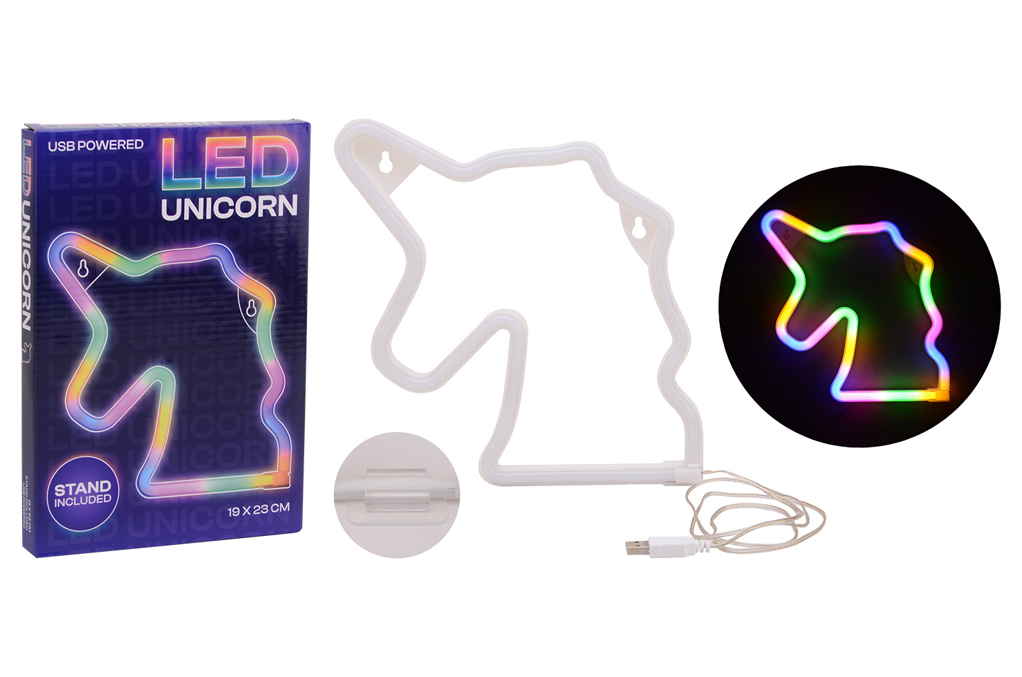 Unicorn rainbow night lamp with USB cable and stand