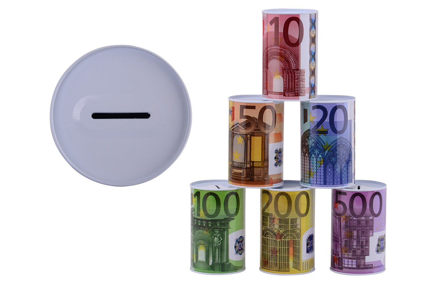 Metal piggy bank with Eurobiljet print 8x15cm