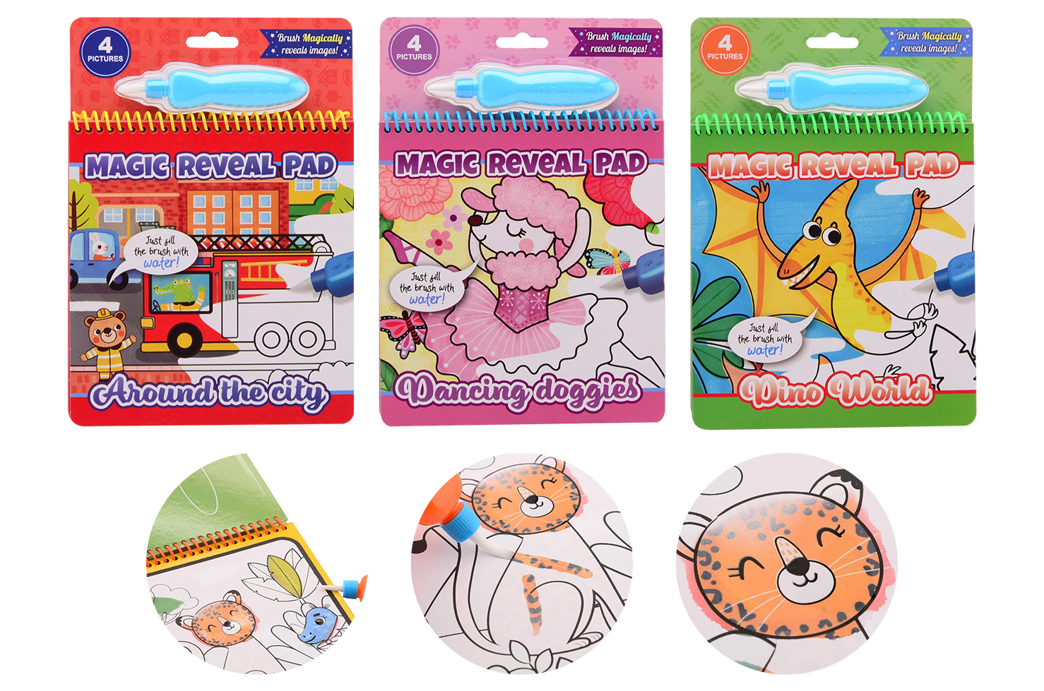 Magic Reveal Pad with water brush, 3 assorted