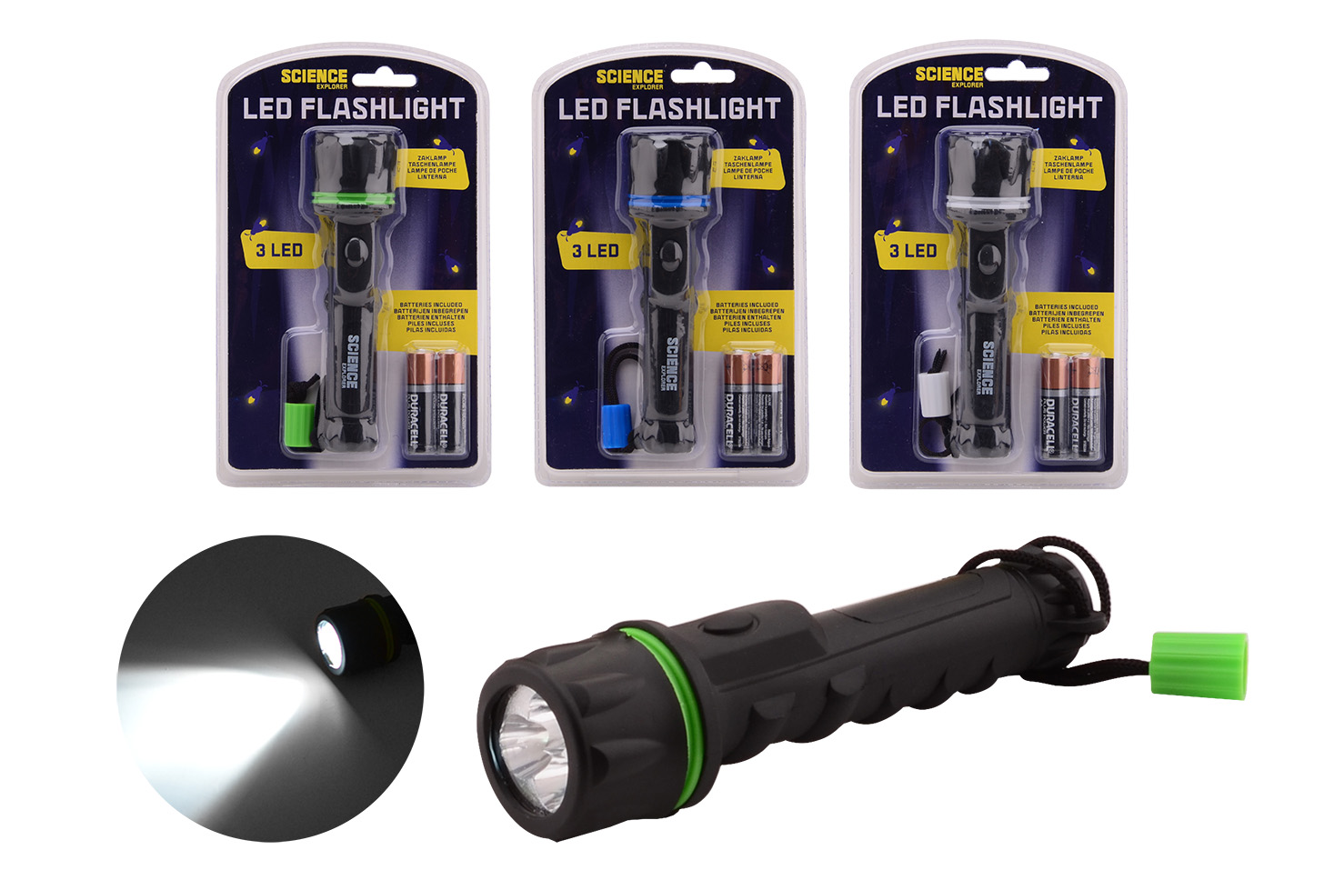 Science Explorer flashlight on blistercard with batteries