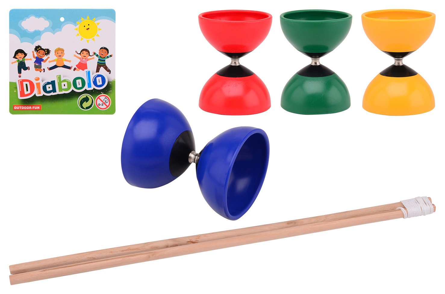 Outdoor Fun Diabolo mit Holzstäbchen, 4-fach sortiert
