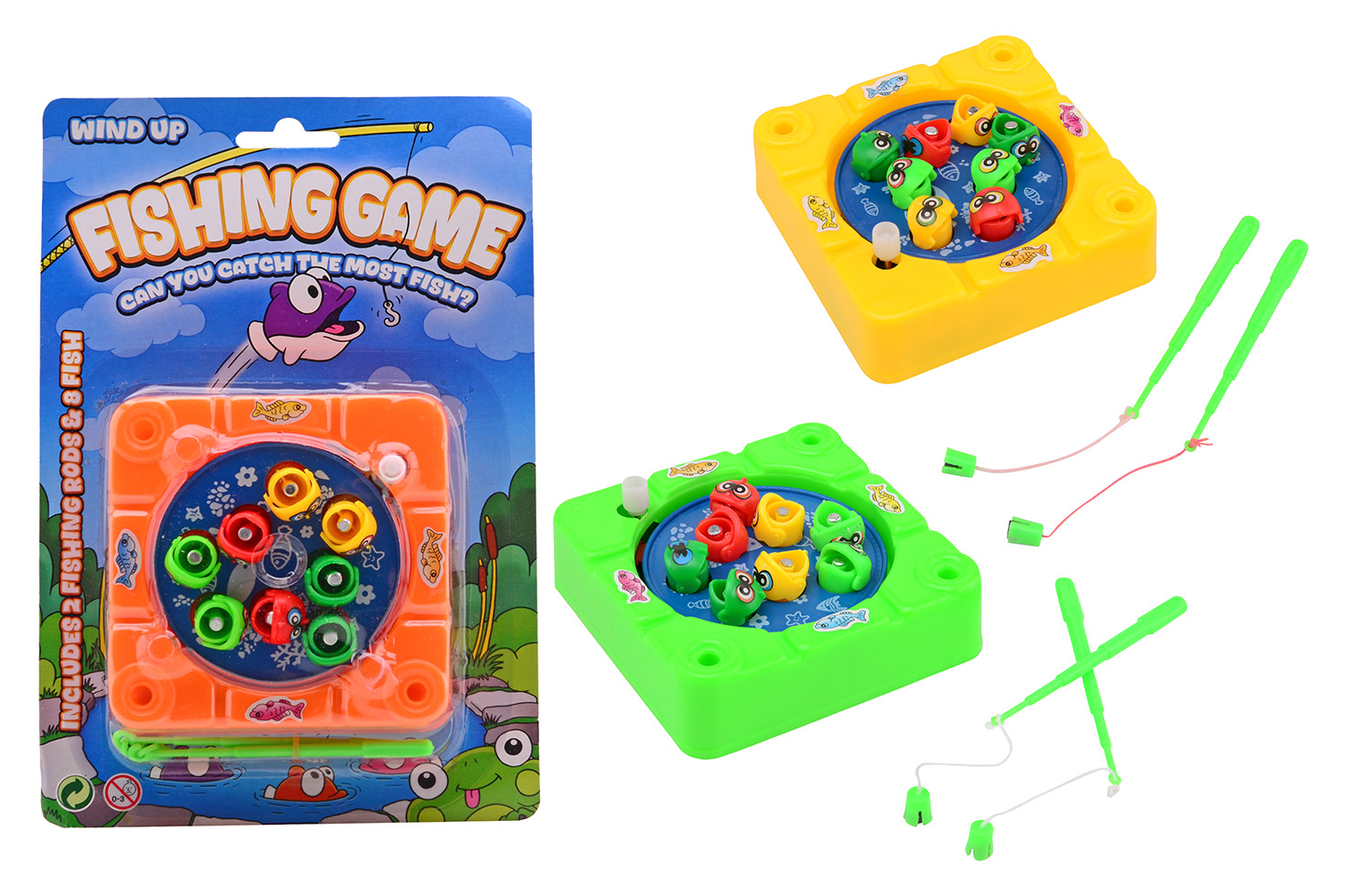 Wind-up magnetic fishing game on card 3 assorted