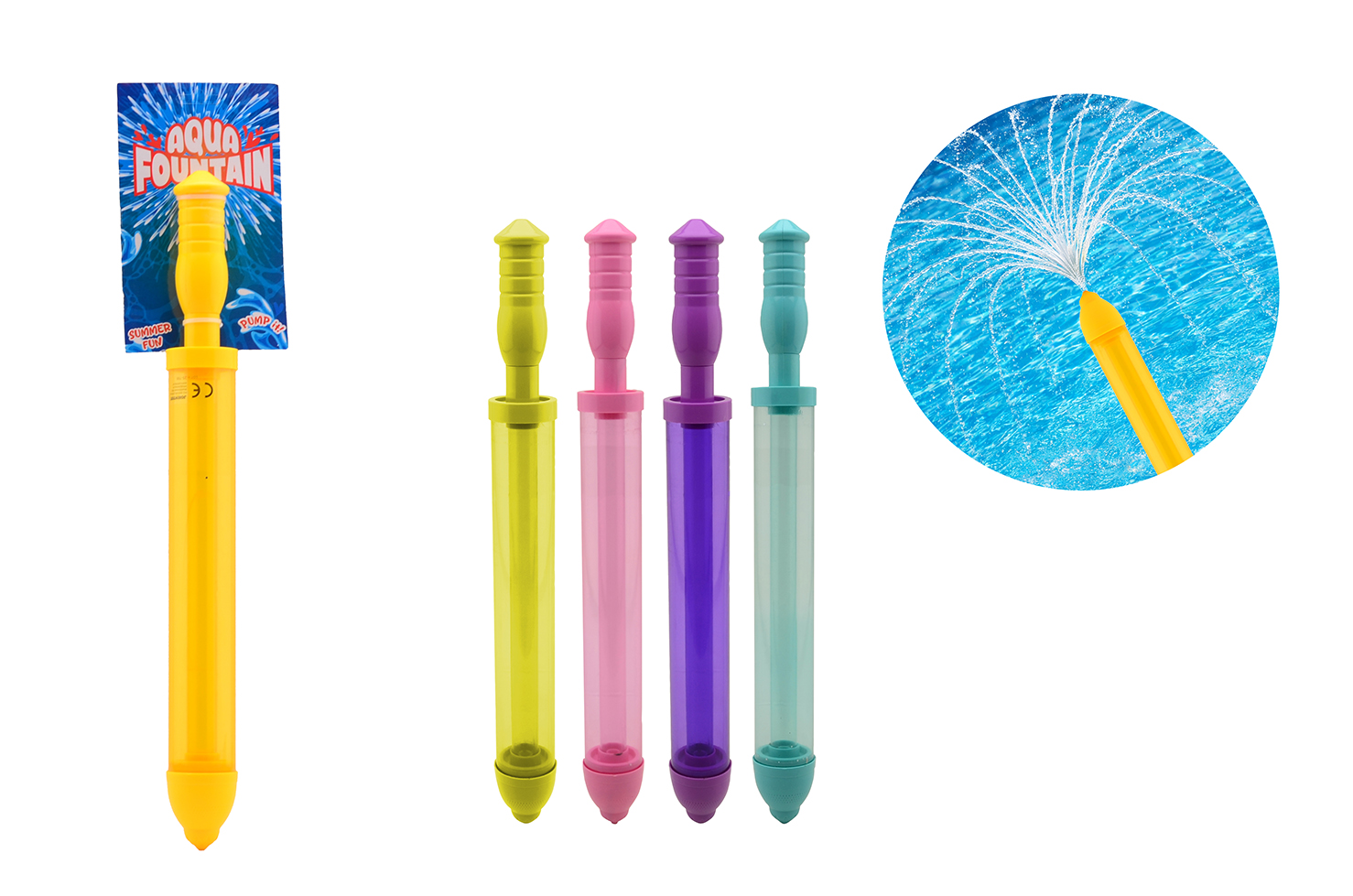 Water "push & play" spray on card, 4 assorted