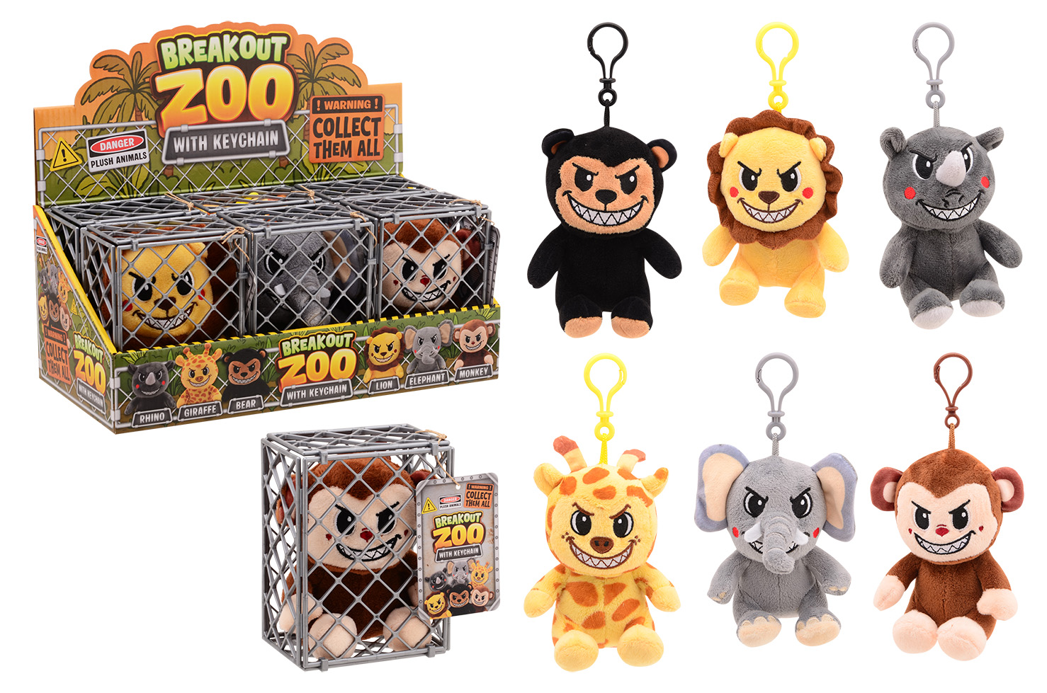 BREAK OUT ZOO - Plush animals in cage, 6 assorted