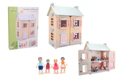 Jouéco® - Houten poppenhuis met 15 meubels en 4 poppen
