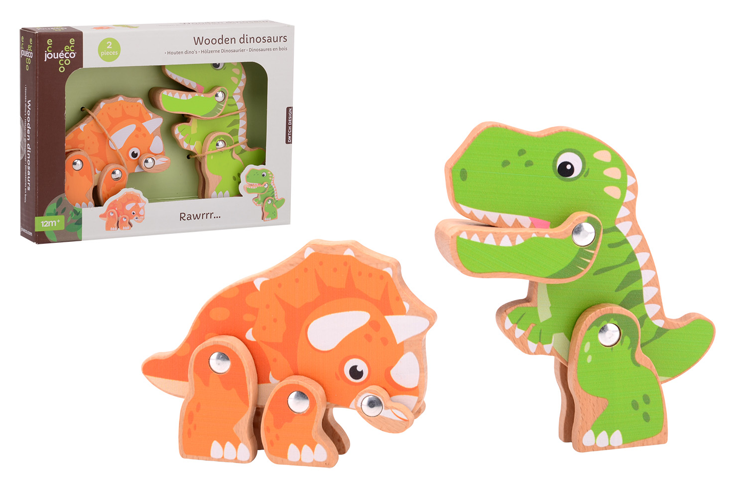 Jouéco® - Wooden dinosaurs in open box, 2 pcs